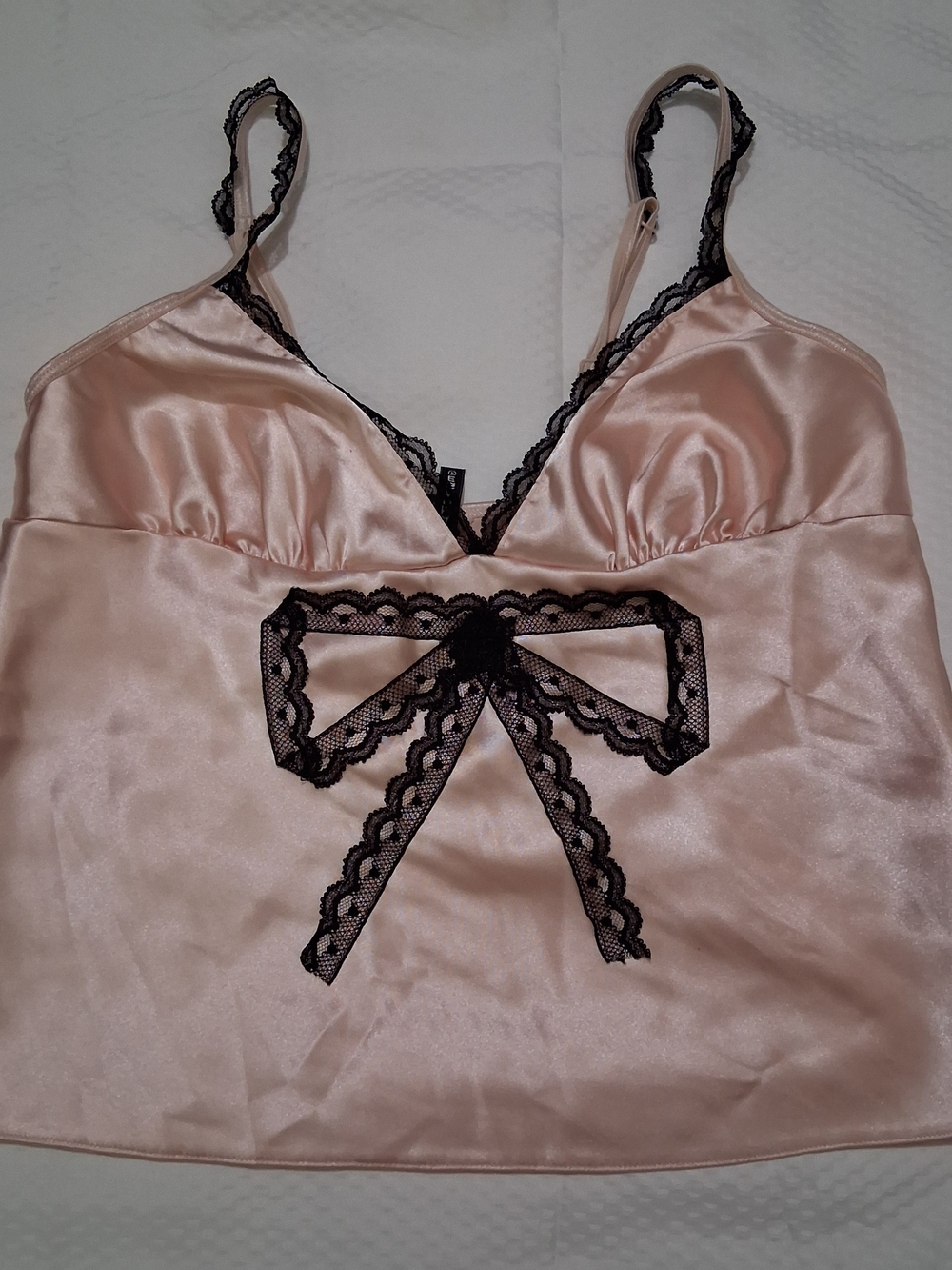 Rampage Vintage Y2K Blush Satin Camisole with Black Lace Bow #y2k #vintage
